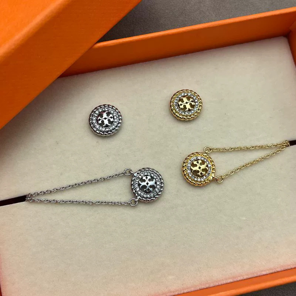 Tory Burch Threaded Round Hollow Rhinestone Double Gold Plated Earrings